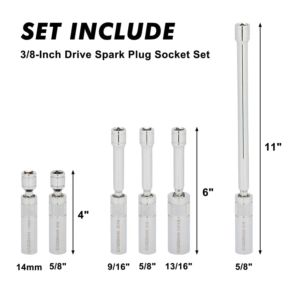 6PCS Magnetic Swivel Spark Plug Socket Set – Thin Wall 3/8" Drive, 12-Point CR-V Steel Automotive Tool
