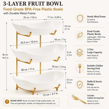 3-Tier Fruit Bowl with Metal Stand – Large Capacity Countertop Fruit & Snack Organizer