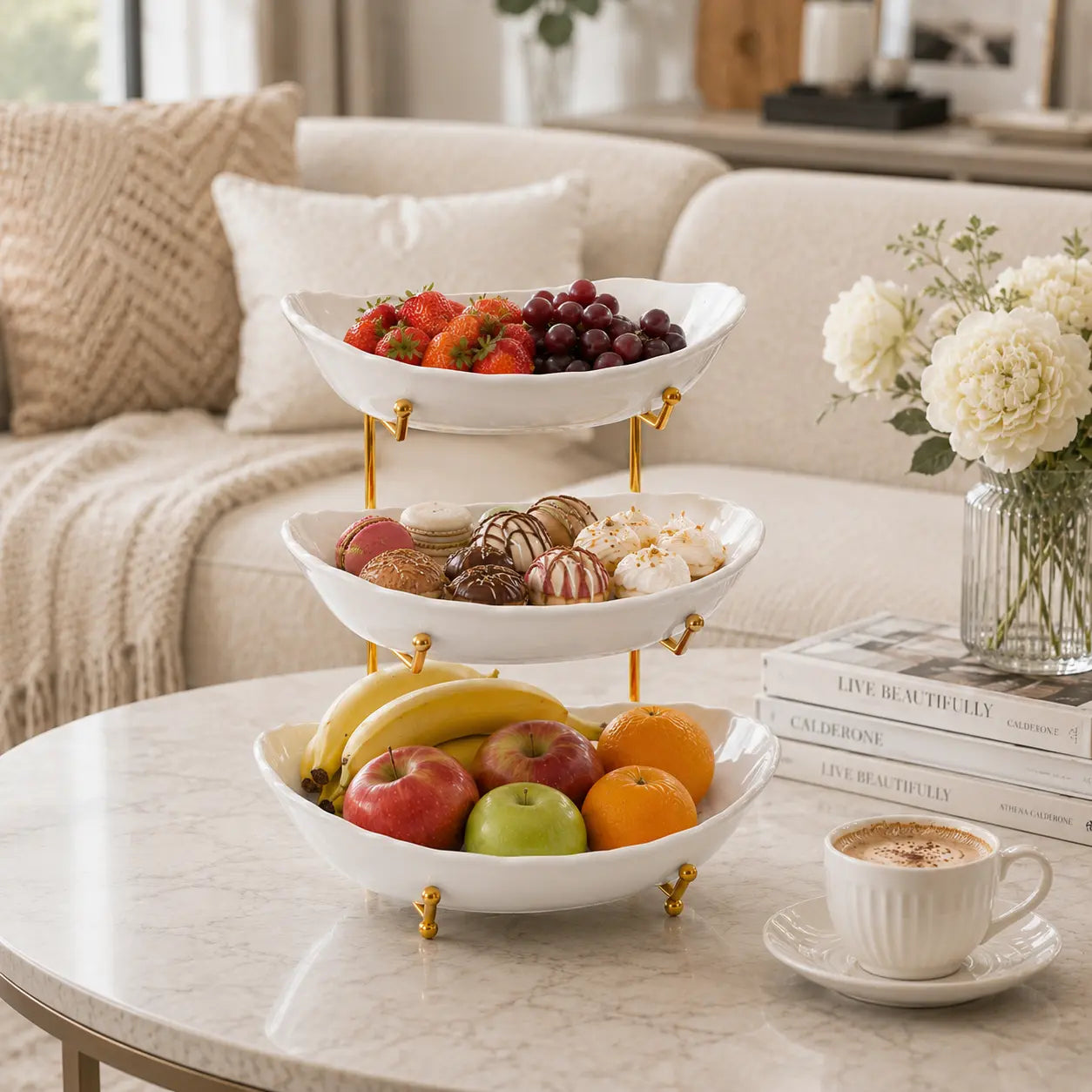 3-Tier Fruit Bowl with Metal Stand – Large Capacity Countertop Fruit & Snack Organizer