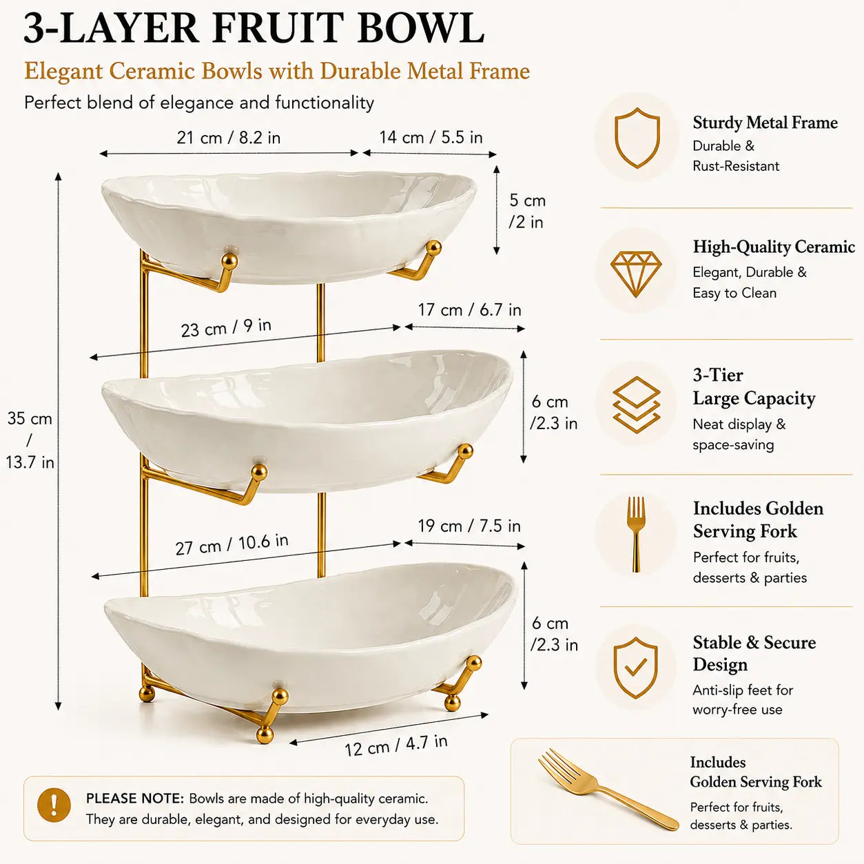 3-Tier Fruit Bowl with Metal Stand – Large Capacity Countertop Fruit & Snack Organizer