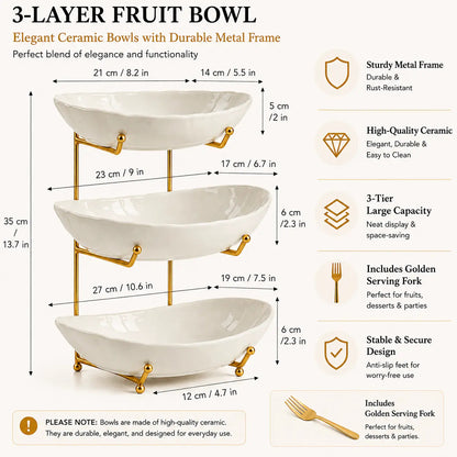 3-Tier Fruit Bowl with Metal Stand – Large Capacity Countertop Fruit & Snack Organizer